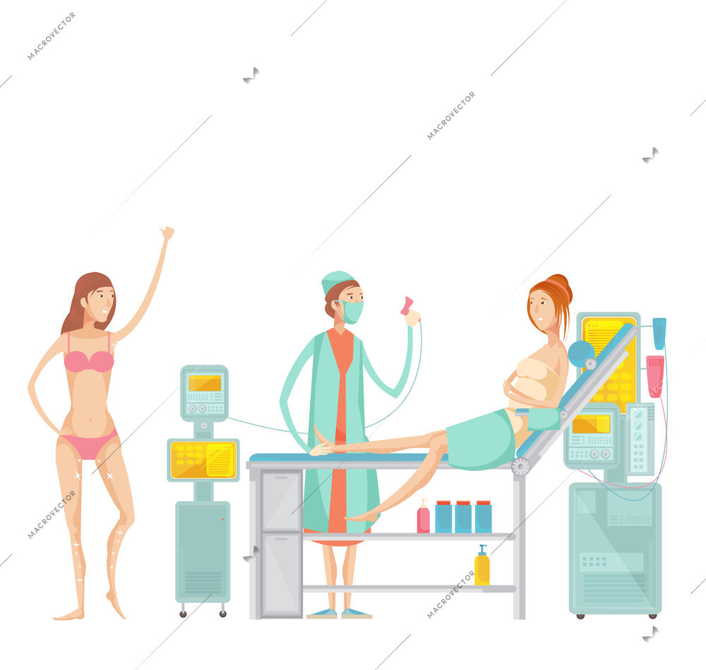 Flat set with woman before and after epilation in beauty spa salon isolated on white background vector illustration