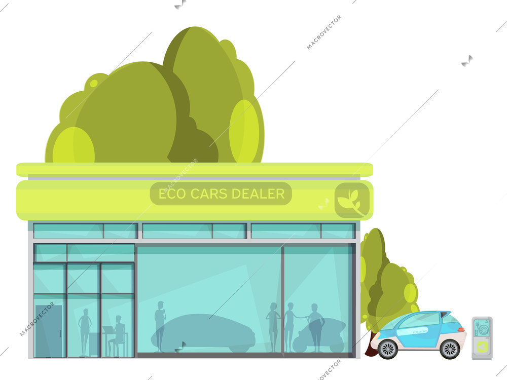 Flat design eco friendly electro cars dealer centre on white background vector illustration