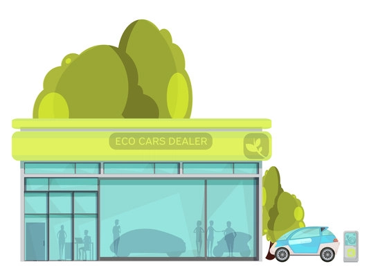 Flat design eco friendly electro cars dealer centre on white background vector illustration