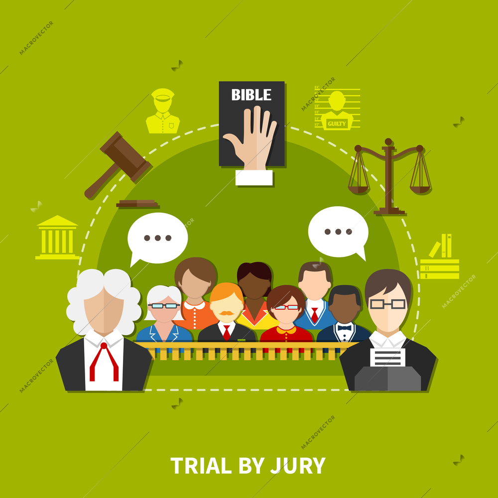 Law flat composition with employees and participants of process and trial by jury vector illustration