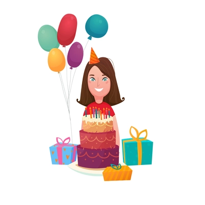 Kids birthday composition with smiling teenage girl character colorful festive balloons gift boxes and sweet cake vector illustration