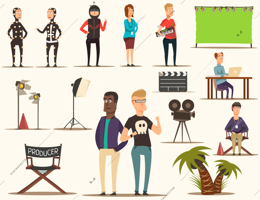 Movie making set of flat doodle filmmaking shooting team characters pieces of theatrical scenery lighting equipment vector illustration