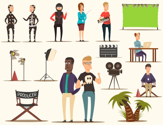 Movie making set of flat doodle filmmaking shooting team characters pieces of theatrical scenery lighting equipment vector illustration