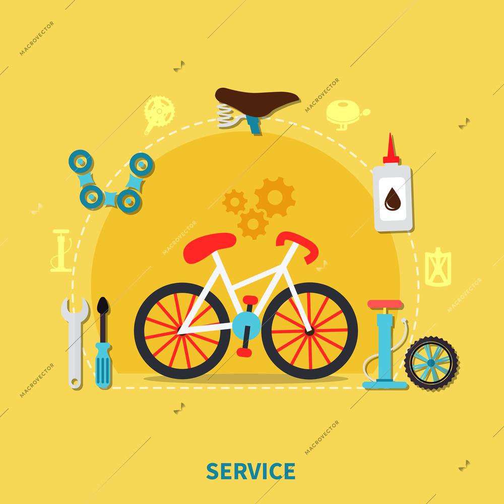 Bike service concept with spare parts symbols on yellow background flat vector illustration