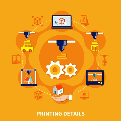 Printing details on orange background design concept with decorative icons showing equipment and different nozzles for 3d printer flat vector illustration