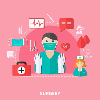 Surgery flat composition with doctor nurse blood cardiogram computer and medical tools on pink background vector illustration