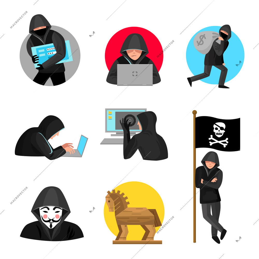 Hackers black hooded figures flat icons collection with trojan horse and jolly roger flag  isolated vector illustration
