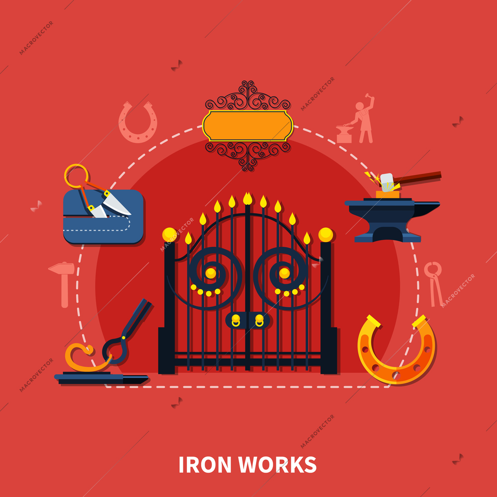 Iron works composition with wrought iron fence signboard horseshoe drop forging images and blacksmith equipment silhouettes vector illustration