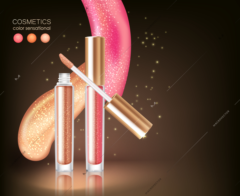 Lip gloss ad conceptual background composition of two realistic lipshine tubes and sparkling runback with text vector illustration