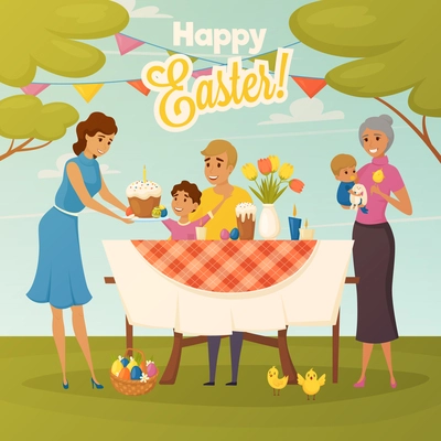 Happy easter celebration flat poster with family dinner outdoor with tulips and traditional cake flat poster illustration