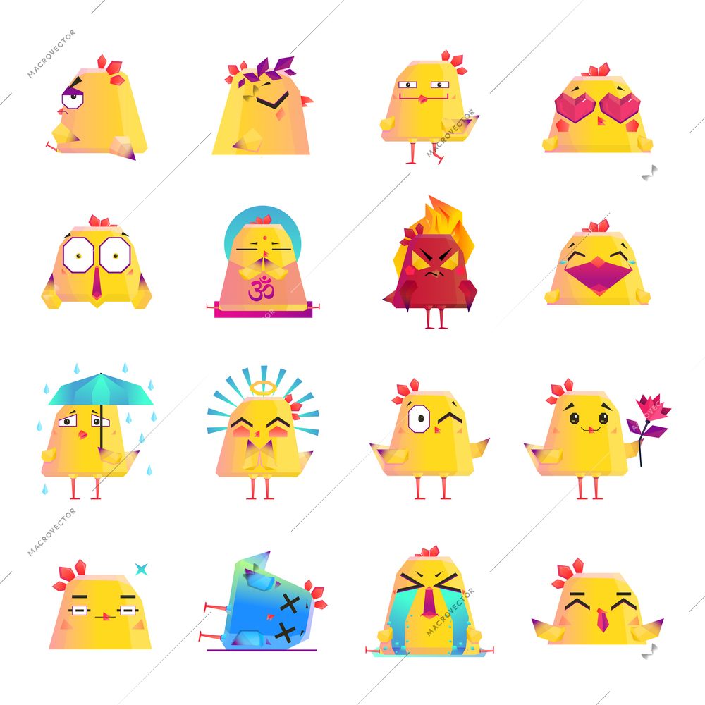 Funny chicken animation cartoon character icons big set  with crying dead love happy surprised mood isolated vector illustration