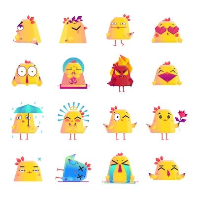 Funny chicken animation cartoon character icons big set  with crying dead love happy surprised mood isolated vector illustration