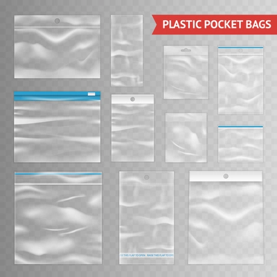 Reclosable resealable zipper clear plastic pocket bags assortment realistic collection on transparent background vector illustration