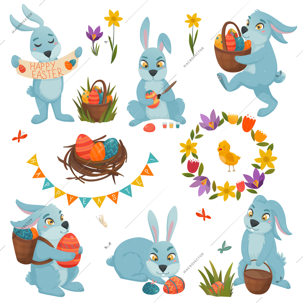 Easter big set of isolated cartoon bunny characters with easter eggs nest chicken and flowers images vector illustration