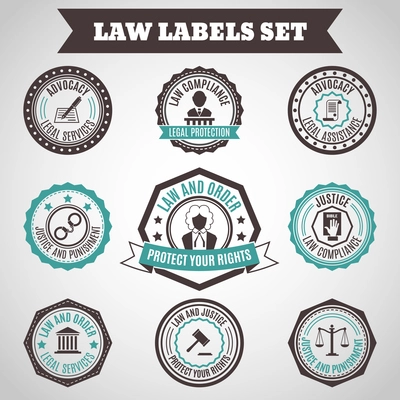 Legal protection services layer crime and punishment labels set isolated vector illustration