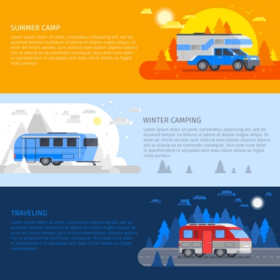 Three colored horizontal recreational vehicles banner set with winter camping summer camp and travelling descriptions vector illustration