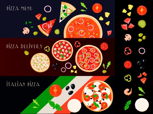 Three italian pizza horizontal banners set with isolated filler ingredient icons and decorative pizza create images vector illustration