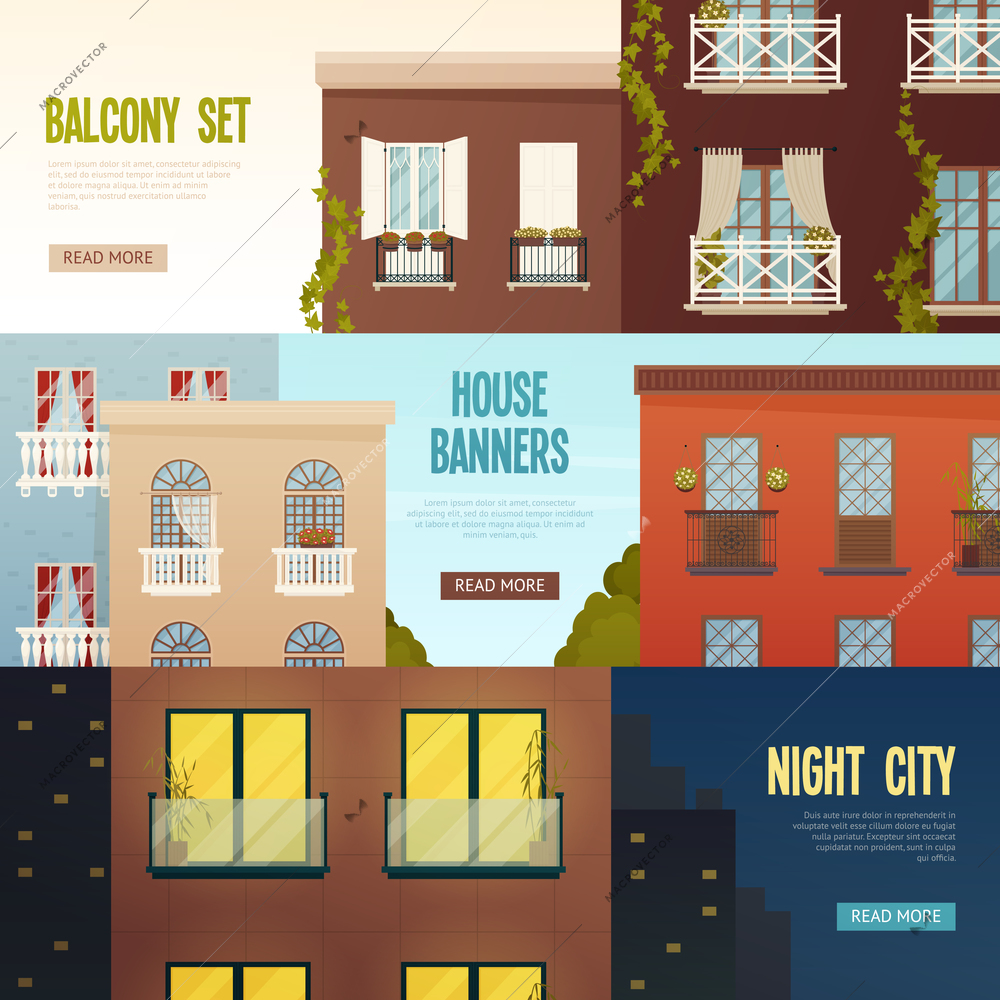 Three balcony banners set with front of townhouse flat images with editable text and read more button vector illustration