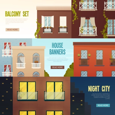 Three balcony banners set with front of townhouse flat images with editable text and read more button vector illustration