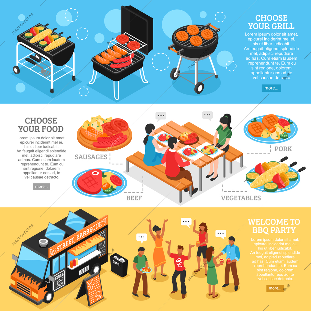 Set of 3d isometric banners with barbecue equipment grilled meat and vegetables bbq party isolated vector illustration