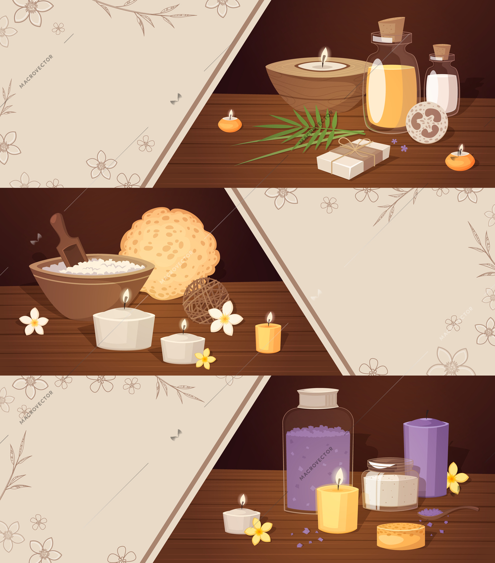 Spa beauty cartoon horizontal banners with body care elements bowl oil cream candle vector illustration