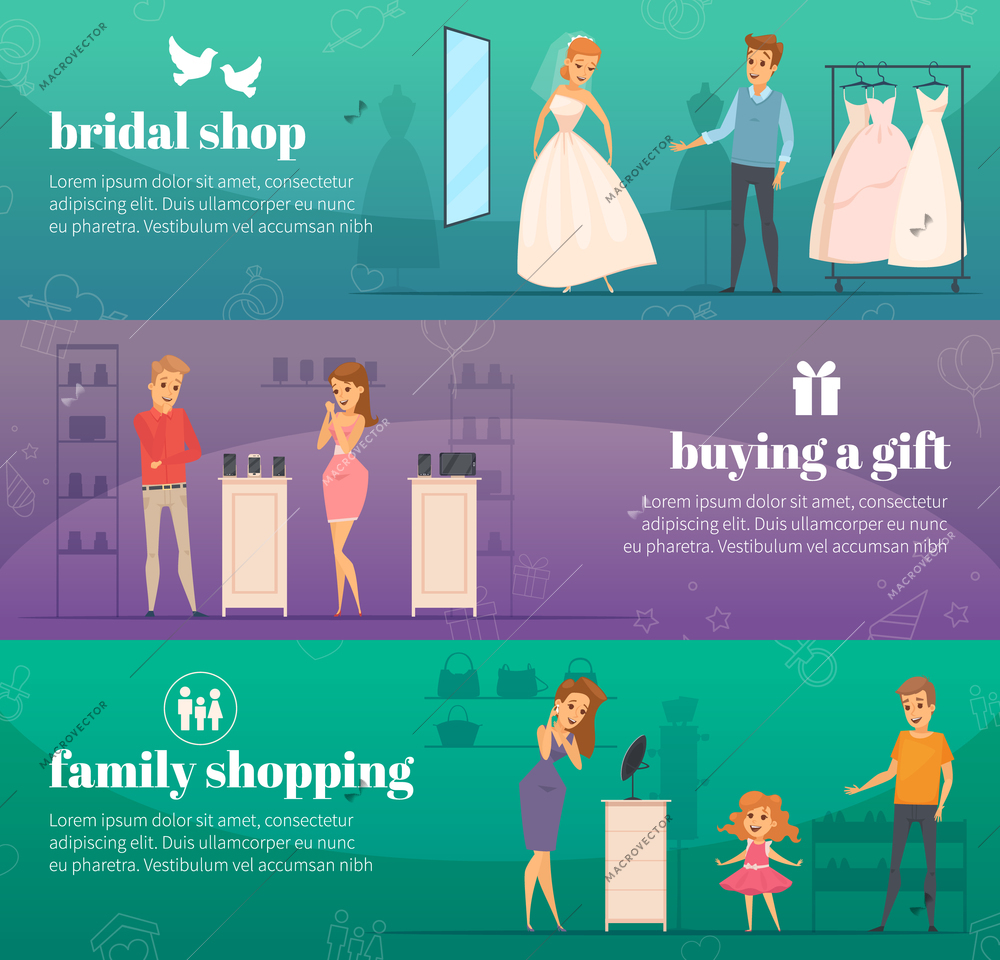 Three horizontal trying shop flat people banner set with bridal shop buying a gift and family shopping descriptions vector illustration