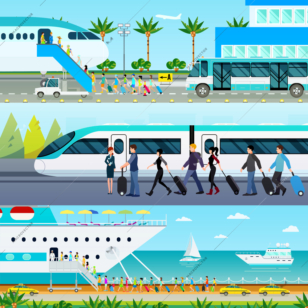 Three horizontal traveling transport banners set with tropical airport transfer intercity train and passenger ocean going ship vector illustration