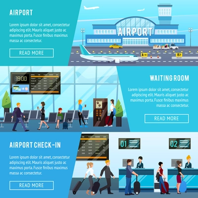 Airport banners set with flat airport building lounge hall check-in with text and read more button vector illustration