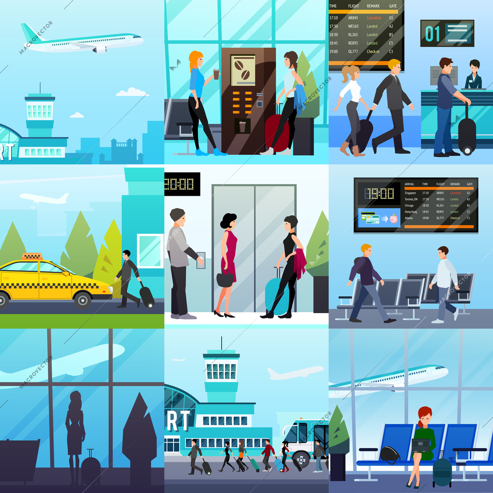 Nine transport square compositions set with flat people characters airport buildings taxi lounge and takeoff plane vector illustration