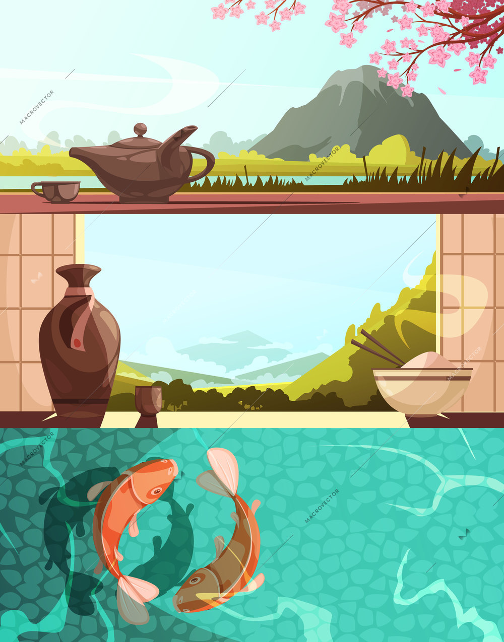 Japan set of retro cartoon horizontal banners with national cuisine natural landscapes koi carps isolated vector illusration