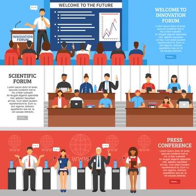 Three colored conference presentation banner set with scientific forum press conference and welcome to innovation forum descriptions vector illustration