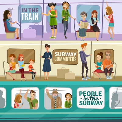 Subway people horizontal banners set with transportation symbols flat isolated vector illustration