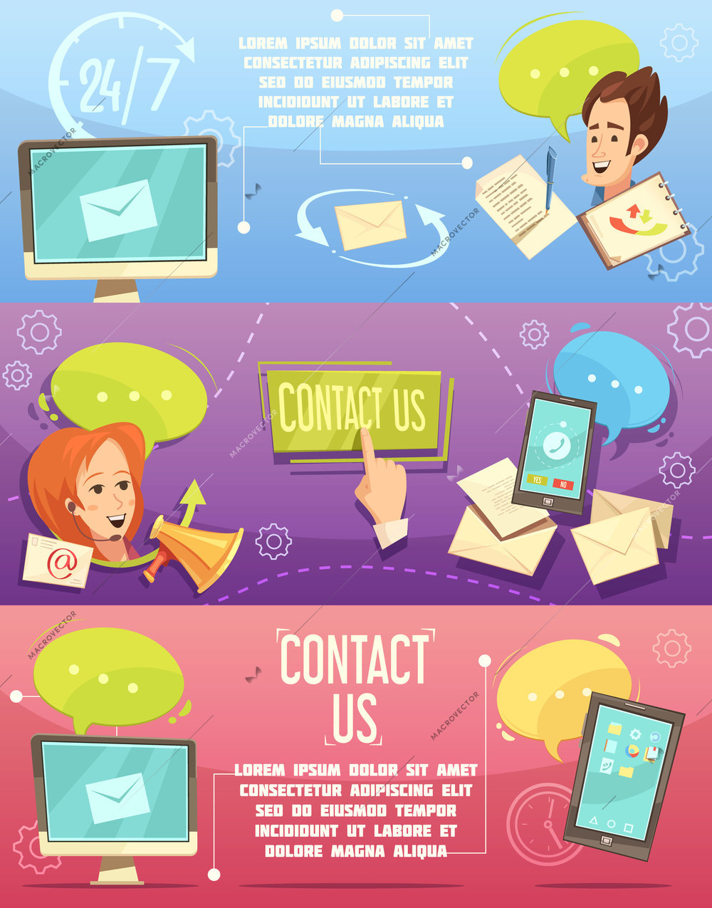 Contact us retro cartoon banners set with customer service 24h email call center isolated vector illustration