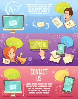 Contact us retro cartoon banners set with customer service 24h email call center isolated vector illustration