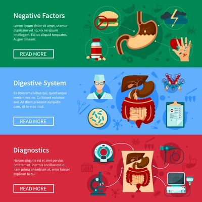 Three horizontal digestive system flat banner set with negative factors diagnostics and digestive systems descriptions vector illustration