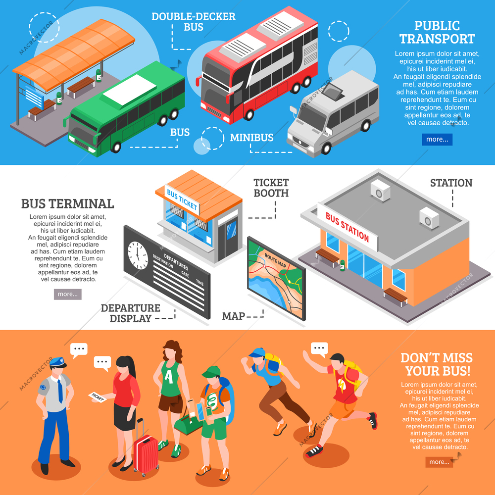 Set of isometric banners with bus station public transport ticket booth queue from tourists isolated vector illustration