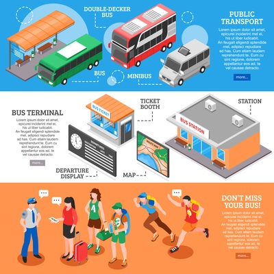 Set of isometric banners with bus station public transport ticket booth queue from tourists isolated vector illustration