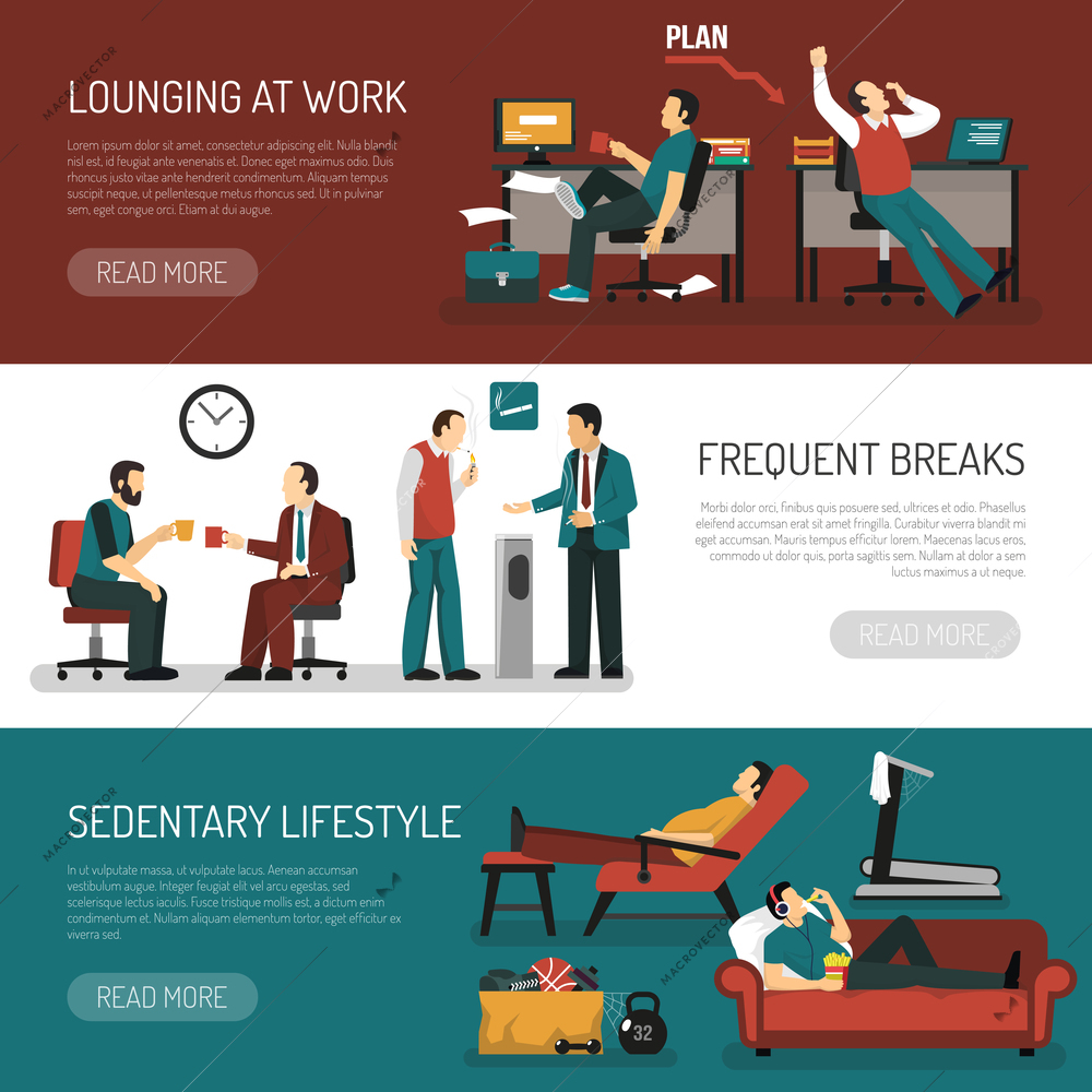 Lazy people set of horizontal banners with lounging at work frequent breaks sitting lifestyle isolated vector illustration