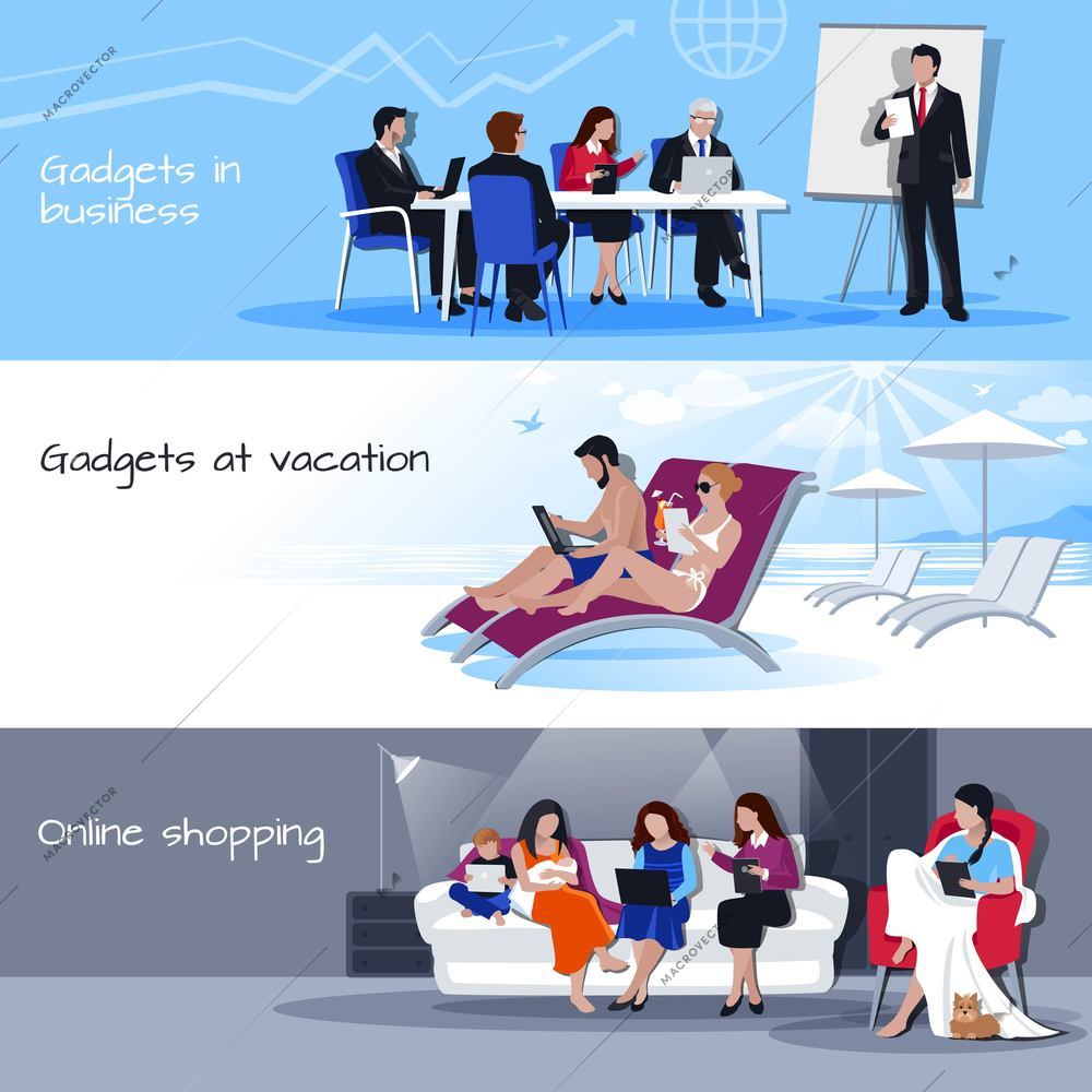 Gadgets in business office during vacation and for shopping online 3 flat banners set isolated vector illustration