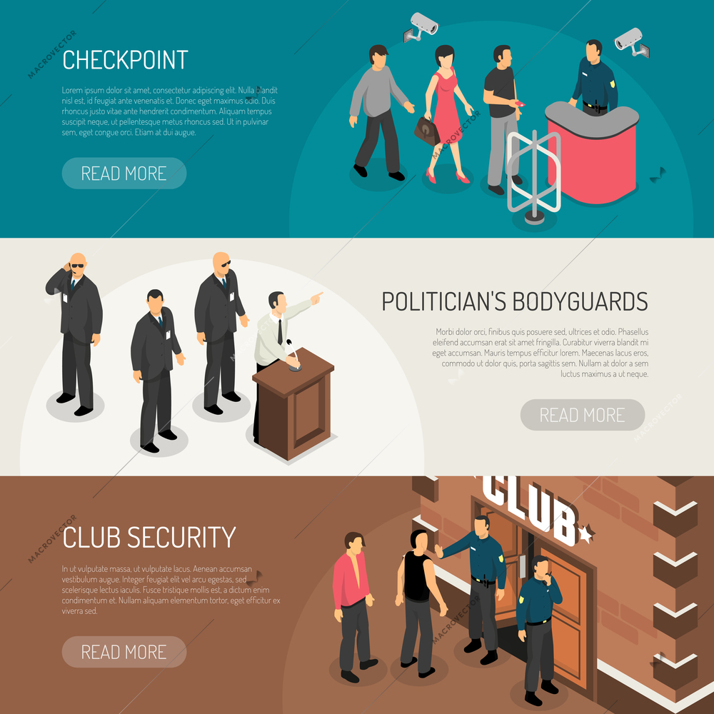 Set of isometric horizontal banners with bodyguards for politicians checkpoint and club security isolated vector illustration