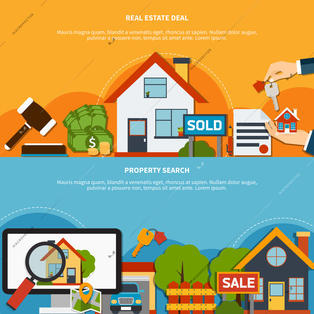 Real estate deal and property search colorful horizontal banners set flat isolated vector illustration