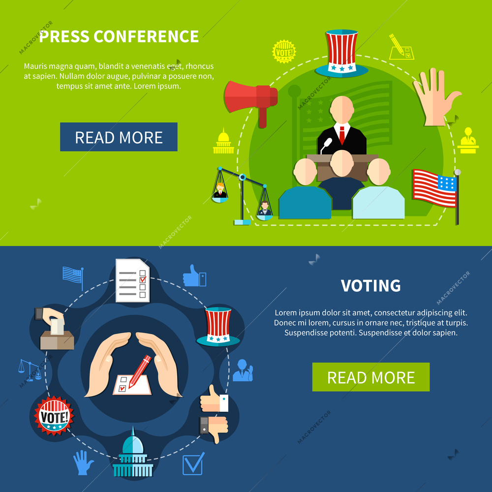 Government elections press conference concept 2 flat banners set abstract isolated flat vector illustration