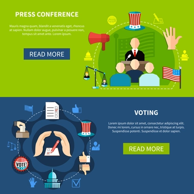 Government elections press conference concept 2 flat banners set abstract isolated flat vector illustration