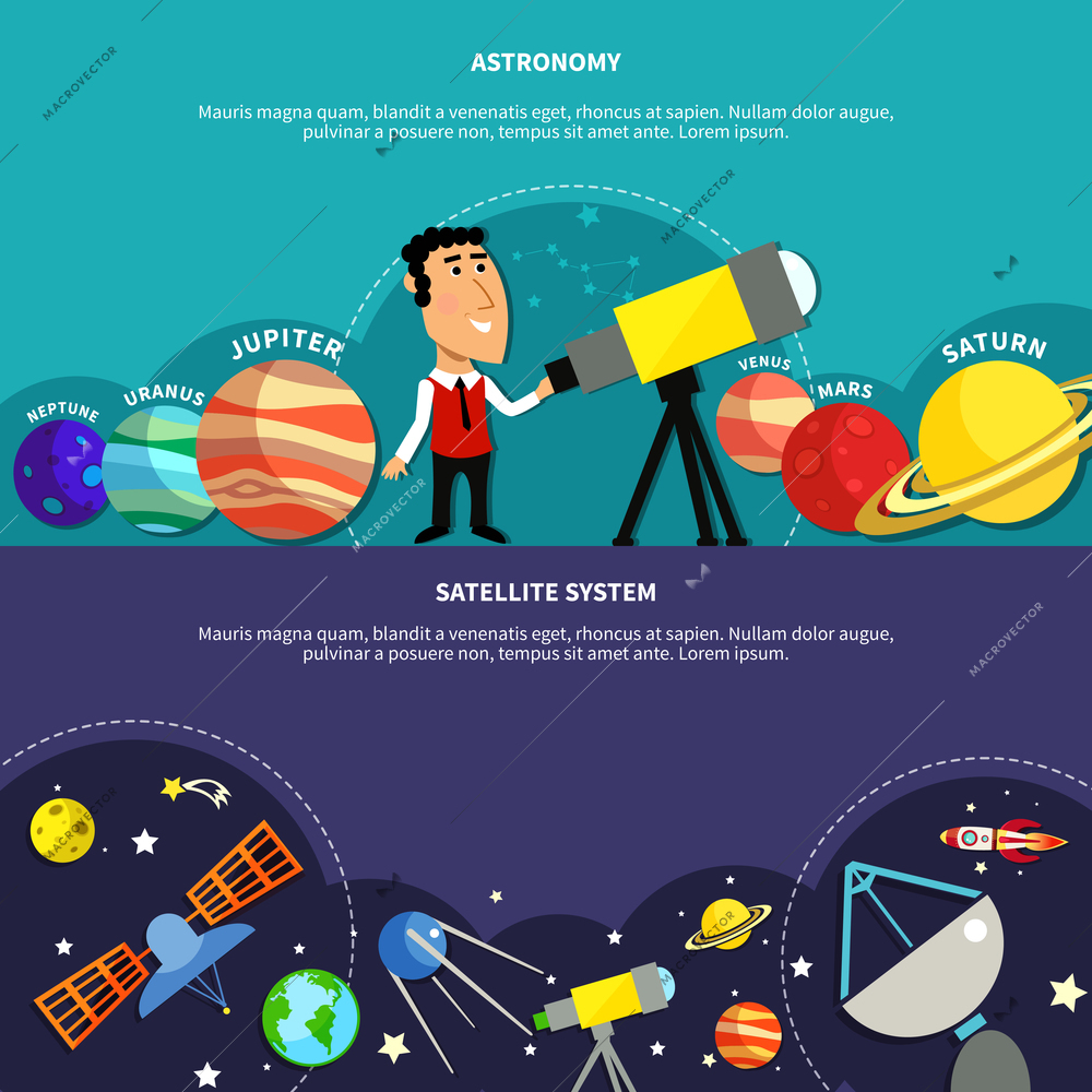 Astronomy horizontal banners set with satellite system symbols flat isolated vector illustration