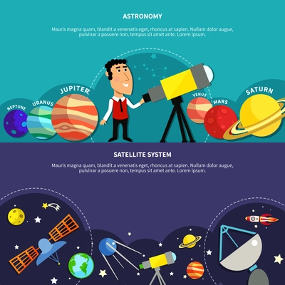 Astronomy horizontal banners set with satellite system symbols flat isolated vector illustration