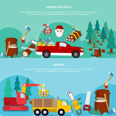 Flat horizontal lumberjack banner set with lumberjack tools and logging descriptions isolated and colored vector illustration