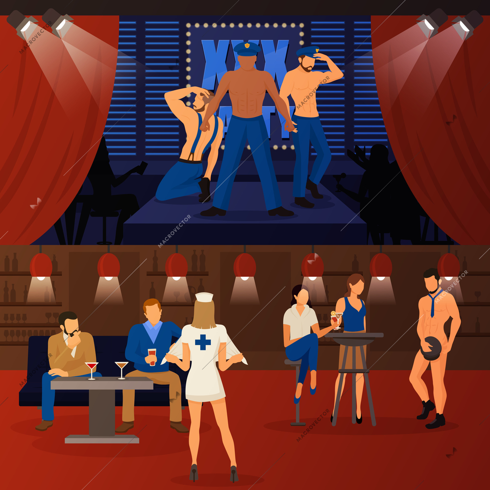 Two horizontal strip banners with indoor club interior and people characters female and male striptease dancers vector illustration