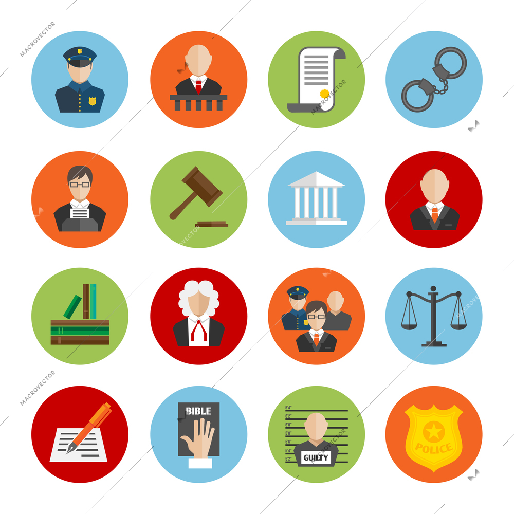 Law legal justice judge and legislation flat icons set isolated vector illustration