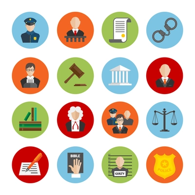 Law legal justice judge and legislation flat icons set isolated vector illustration