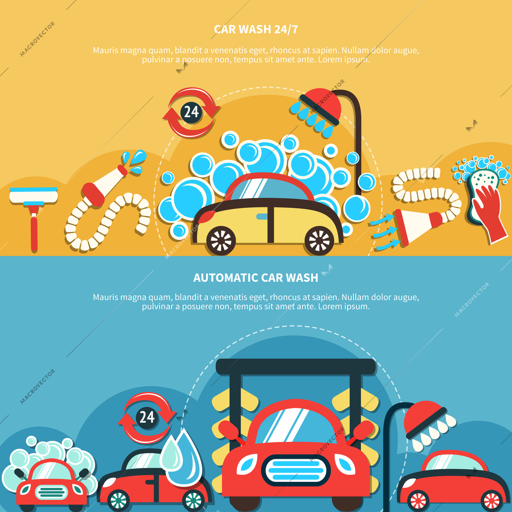 Set of two horizontal car wash banners with doodle style images of washing cars water drops vector illustration